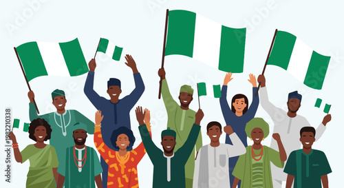 Diverse Nigerians cheering and waving national flags wearing traditional clothes
