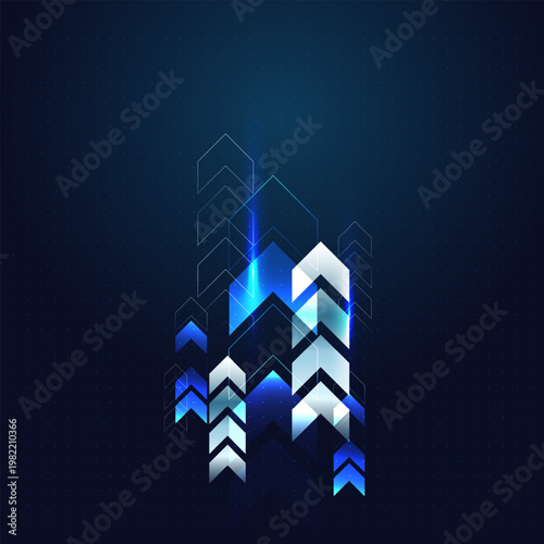 A glowing blue and white arrow icons surge upward, representing a breakthrough in digital finance. with business graphic features layered chevrons pointing upward