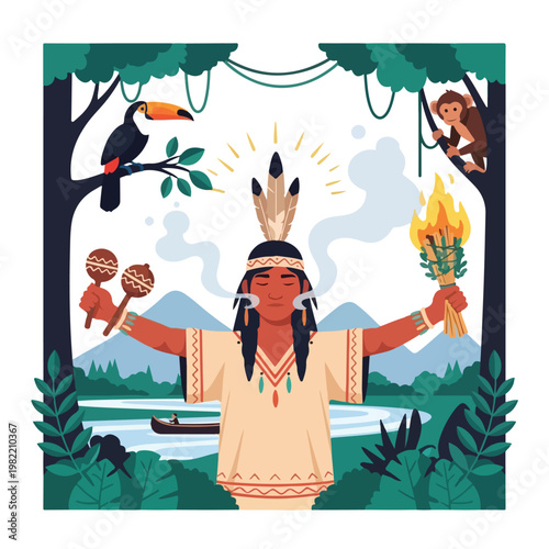 Indigenous person performing a ritual in the rainforest with animals and a river