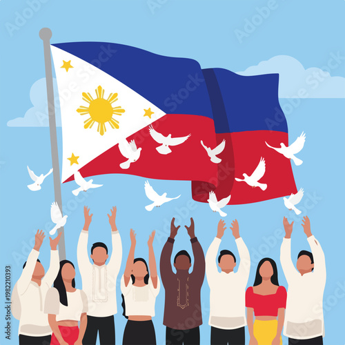 Diverse group raising hands below a waving Philippine flag with white peace doves