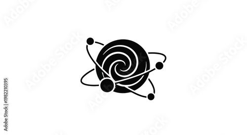 Atom icon with a central spiral core and orbiting electrons is isolated on a white background.