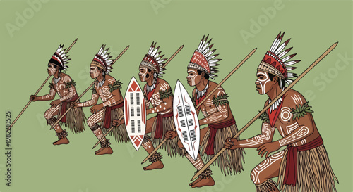 Five tribal warriors in a dynamic crouch with spears, shields and feather crowns