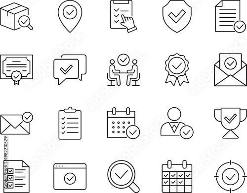 A collection of black and white icons depicting various tasks and checklists