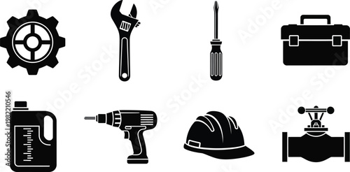 Collection of black and white construction and industrial tools and equipment icons on white background