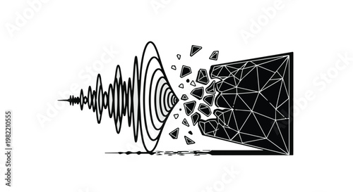 Sound wave vibrations impact a geometric polygon wall causing it to shatter into small fragments.
