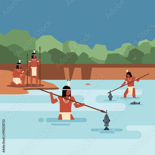 Indigenous people spearfishing in a tropical river surrounded by a dense jungle