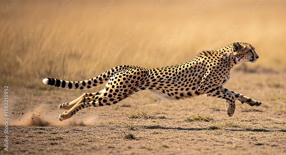 Fototapeta premium Cheetah runs across the dry savannah grass at high speed while raising dust in the hot afternoon sun during a wild hunt in the African wilderness.