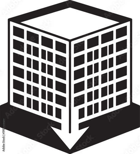 Isometric black and white of a cube-shaped building with a downward pointing arrow at the corner