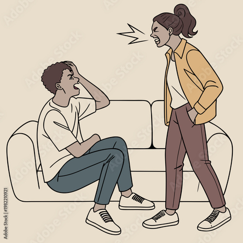 A woman yelling at a man sitting on a couch