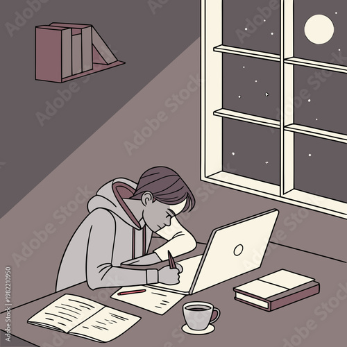 A person studying at a desk with a laptop and books