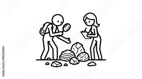 Geologist Team Examining Rock Samples with Magnifying Glass