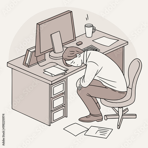 Man sitting at desk with head down