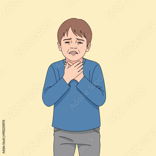 Illustration of a distressed boy clutching his neck, suggesting a sore throat