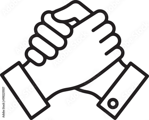 Minimalist black and white line of two hands gripping each other in a firm handshake, isolated on a white background