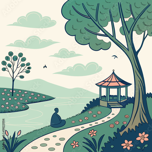 A serene landscape with a gazebo and a tree