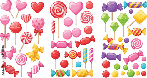 Colorful Candy Lollipops and Sweet Treats Vector Set with Various Hard Candies, Lollipops, and Gummies for Dessert Design