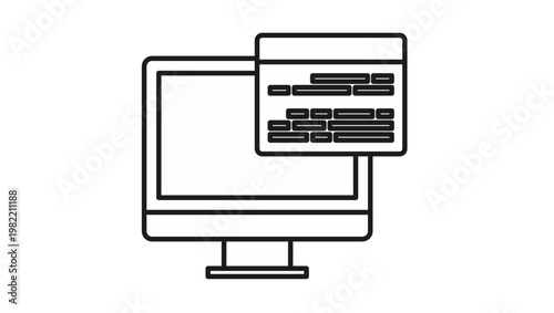 Black line vector icon illustration of a computer monitor with a browser or code window overlay, symbolizing web development, software programming, digital interface, and technology concepts.