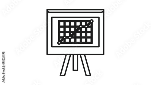 Black line vector icon of a presentation board with an upward trending line graph on a grid, symbolizing business growth, success, and data analysis, isolated on a white background.
