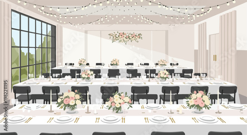 Illustration of a wedding hall with long banquet tables and floral decorations