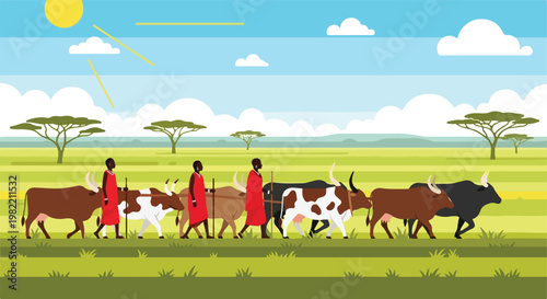 Maasai tribesmen in red robes herding cattle across a sunny savanna with acacias
