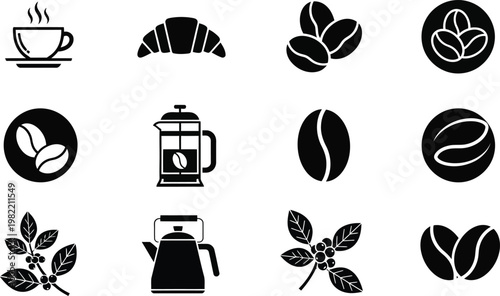 Black and white coffee related icons on white background