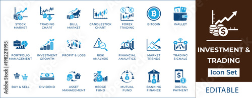 Investment and trading icon set featuring stock market charts, bull market, candlestick patterns, bitcoin, digital wallet, currency exchange, and financial portfolio symbols.