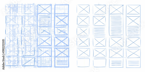 Blue sketches of building facades with window and door outlines
