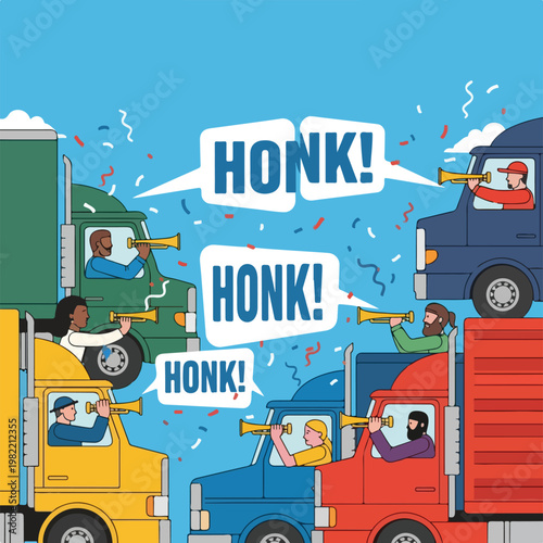 Diverse truck drivers blowing horns in a traffic jam with confetti and honk text