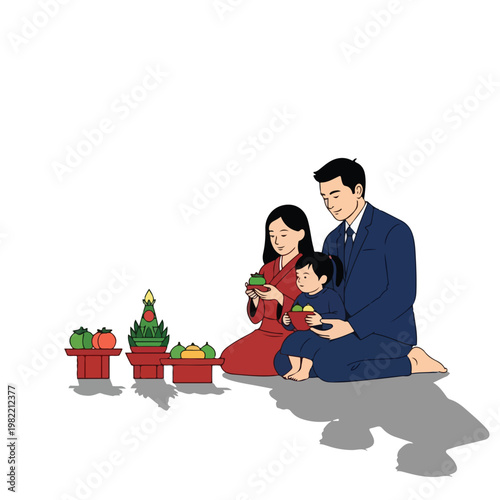 Korean family in traditional dress sitting before a ritual table with offerings