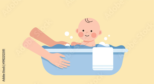 Sweet infant smiling while being bathed in a blue tub with soapy foam and water