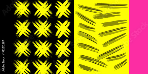 Abstract expressionist painting with bold yellow brushstrokes on black and pink