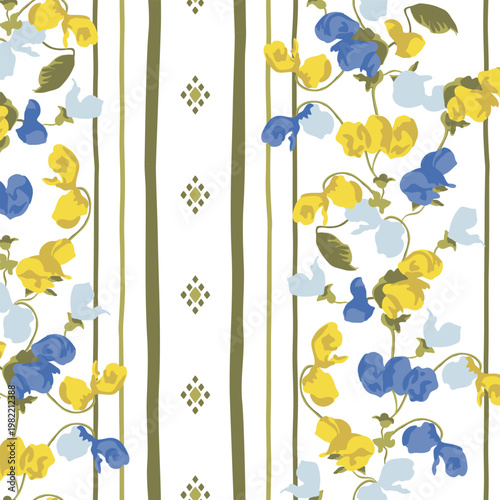 Striped floral seamless pattern for textile print for fabric, vertical layout with blue and yellow sweet pea flowers and olive green lines