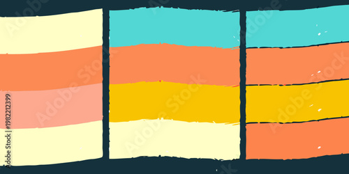 Abstract geometric design featuring colorful horizontal bands and dark lines