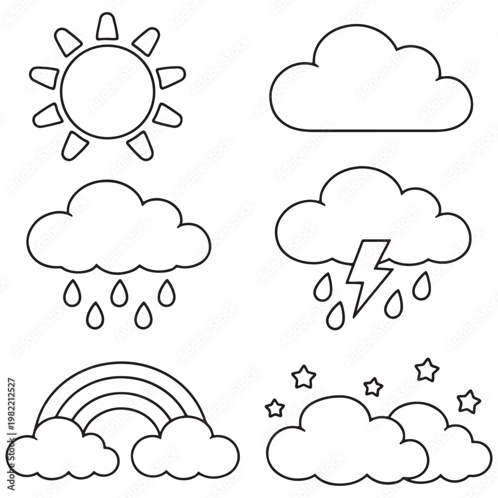 Fototapeta premium Black outline weather sun rain rainbow lightning stars clouds