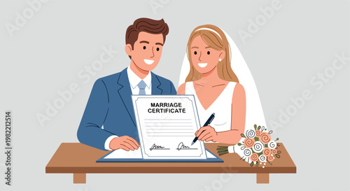 A happy bride and groom sign their marriage certificate on their big wedding day