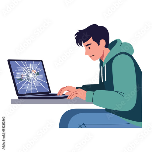 Sad man sitting in front of a laptop with a shattered screen, flat illustration