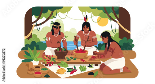 Indigenous people preparing natural pigments and applying body art in the jungle