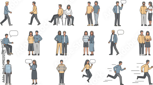 Collection of diverse people in various daily activities and social interaction poses set