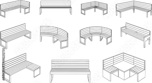Collection of Modern Outdoor Park Bench Vector Illustrations in Various Geometric Configurations