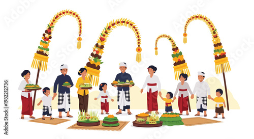 Balinese families in traditional dress carrying ritual offerings and penjor pole