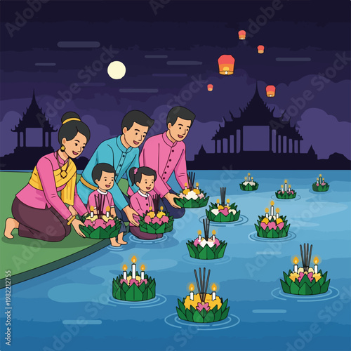 Thai family releasing floating krathongs into a river under the bright full moon