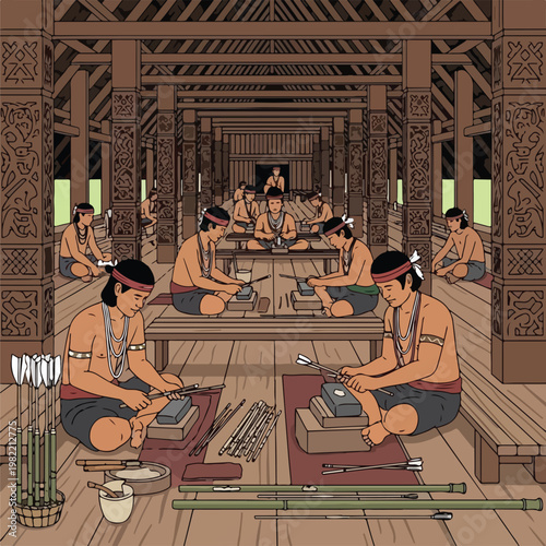 Indigenous men craft arrows inside a traditional ornate wooden longhouse room