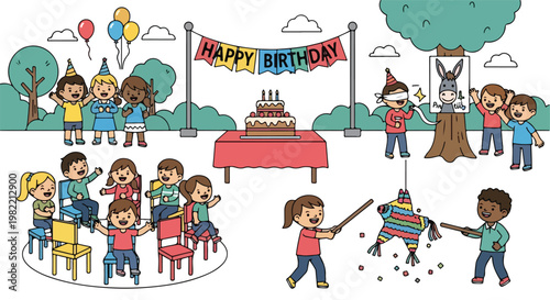Cartoon children celebrating a birthday with games, cake, and a pinata outdoors