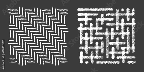 Abstract black and white patterns resembling woven textiles or maze designs