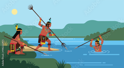 Indigenous men using spears to catch fish in a river with green hills and a sun