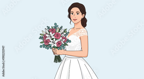 A lovely bride wearing a white lace dress holding a vibrant rose flower bouquet
