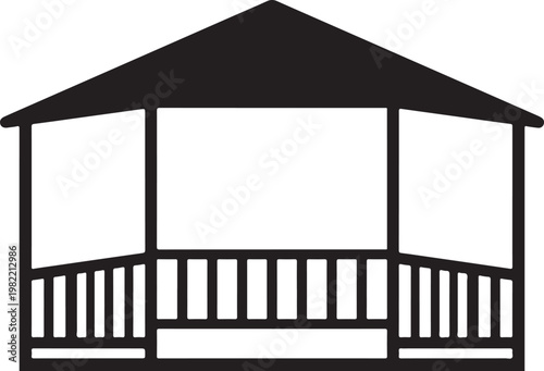 Simple black and white of a garden gazebo with a sloped roof and railing