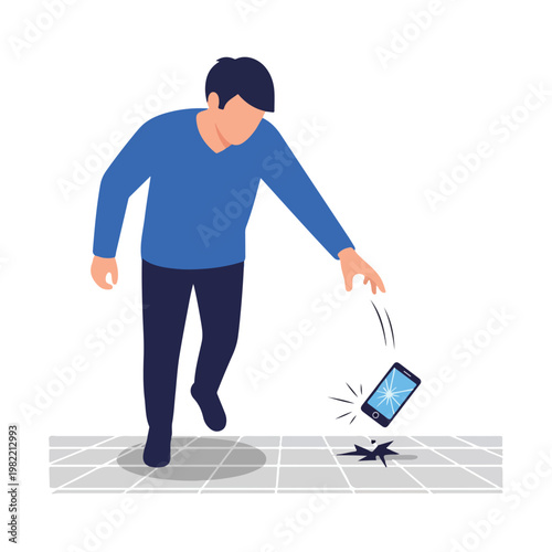 A man in a blue shirt accidentally drops his smartphone onto a hard tiled floor