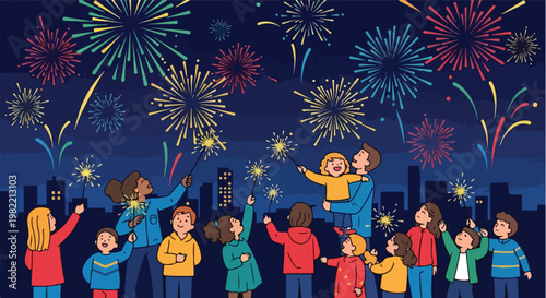 Diverse group of people holding sparklers under colorful fireworks over a city