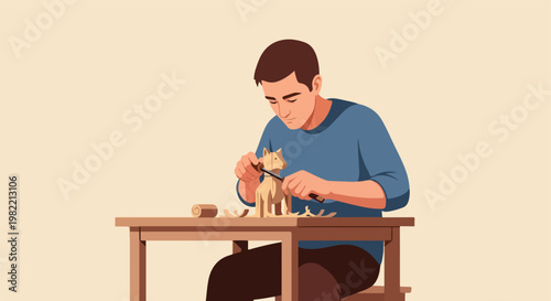 A young man sitting at a table carefully carving a small wooden animal figurine